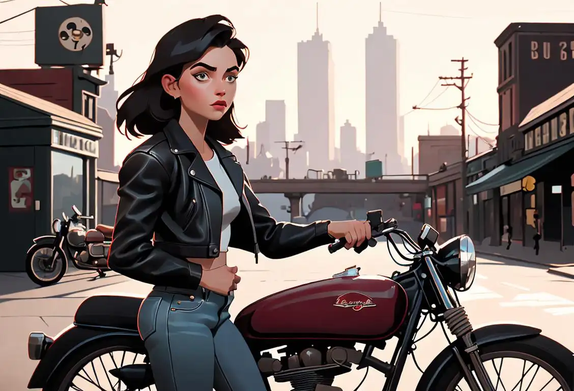 Young woman wearing a leather jacket, standing in front of a vintage motorcycle, urban cityscape in the background..