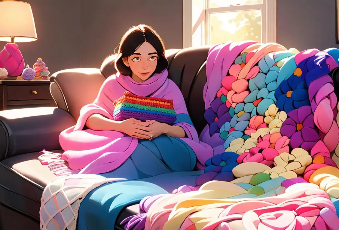 A person carefully crocheting a colorful blanket, surrounded by yarn of different colors and textures, in a cozy and sunlit living room..