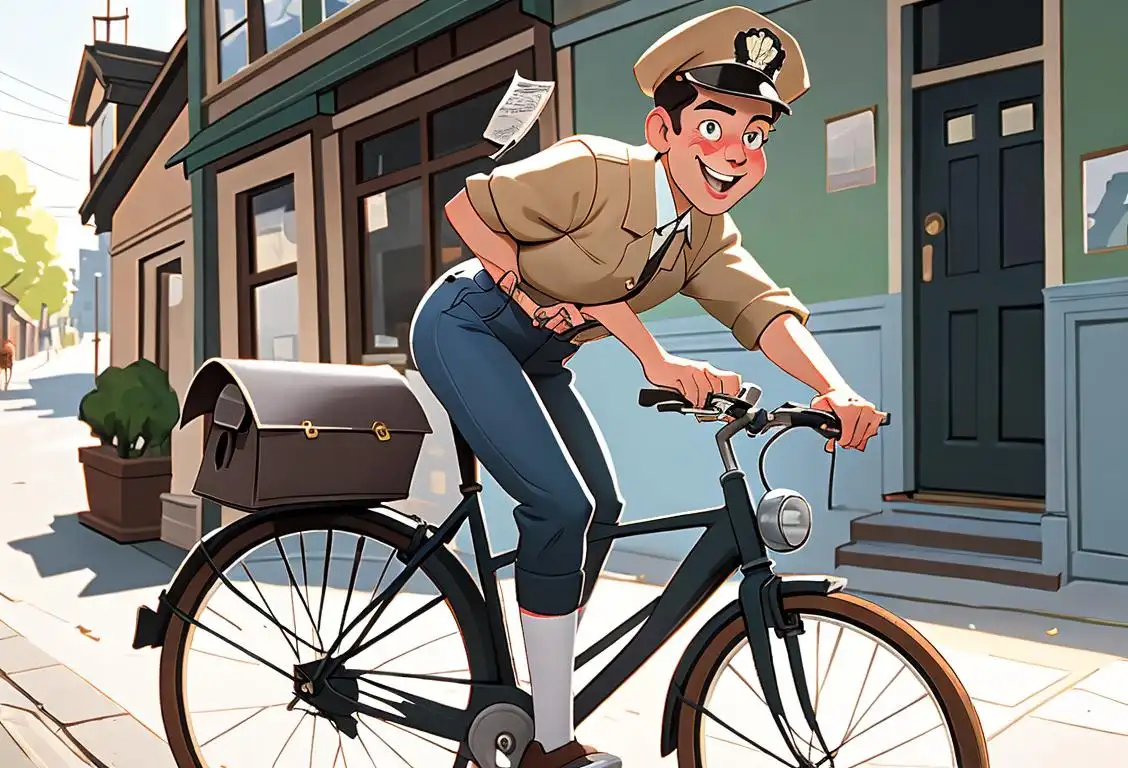 A cheerful newspaper carrier riding a bike, wearing a cap and a retro-inspired outfit, surrounded by a neighborhood backdrop..
