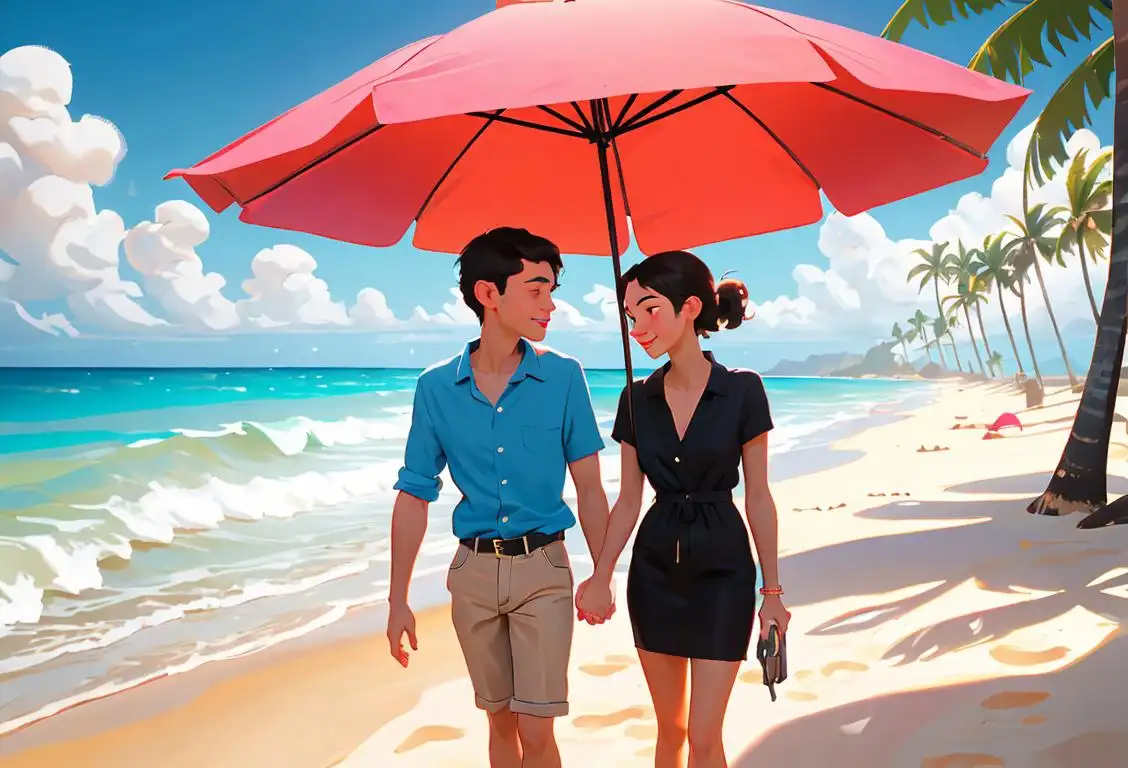 Young couple holding hands, walking on a sunny beach, wearing retro 80s fashion, surrounded by colorful beach umbrellas and palm trees..