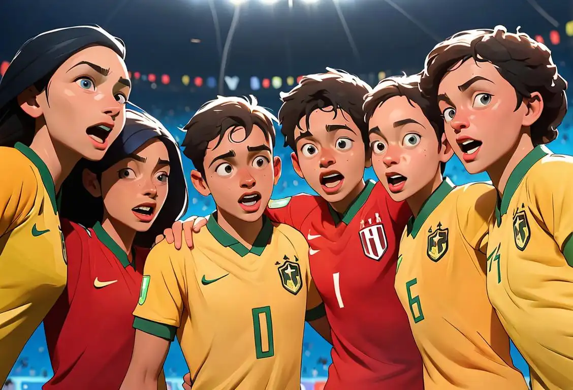 Group of diverse soccer players celebrating together after one team scored the most goals in a single day of the World Cup. Players wearing jerseys representing different nations, celebrating in a stadium filled with joyous fans..
