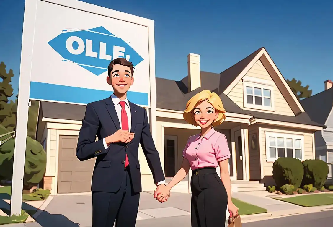 A cheerful real estate agent standing in front of a sold sign with a big smile, wearing professional attire, suburban neighborhood setting, with a couple holding hands in the background, symbolizing the journey of acquiring a home..