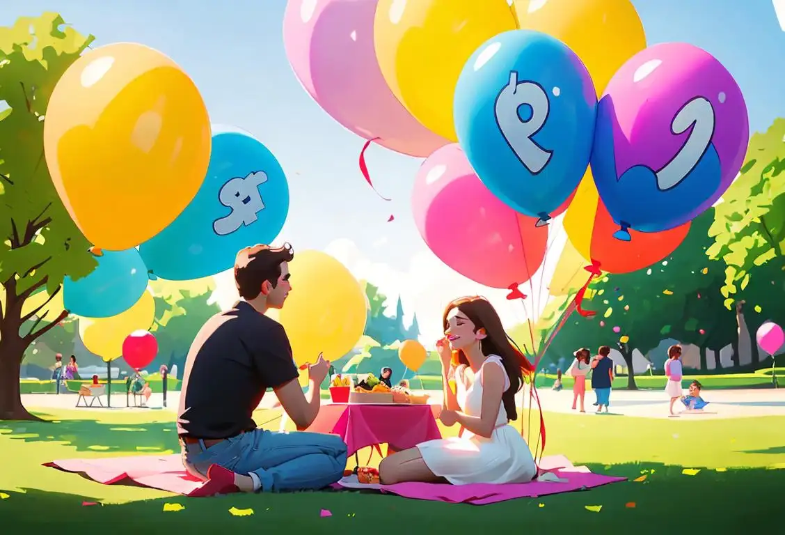 Young couple, dressed in vibrant colors, having a picnic in a park filled with social media themed decorations and balloons..