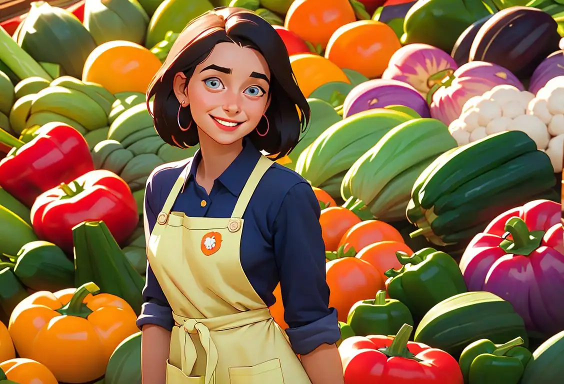 A smiling young woman surrounded by a colorful assortment of fresh vegetables, wearing a chef's apron and standing in a vibrant farmer's market..