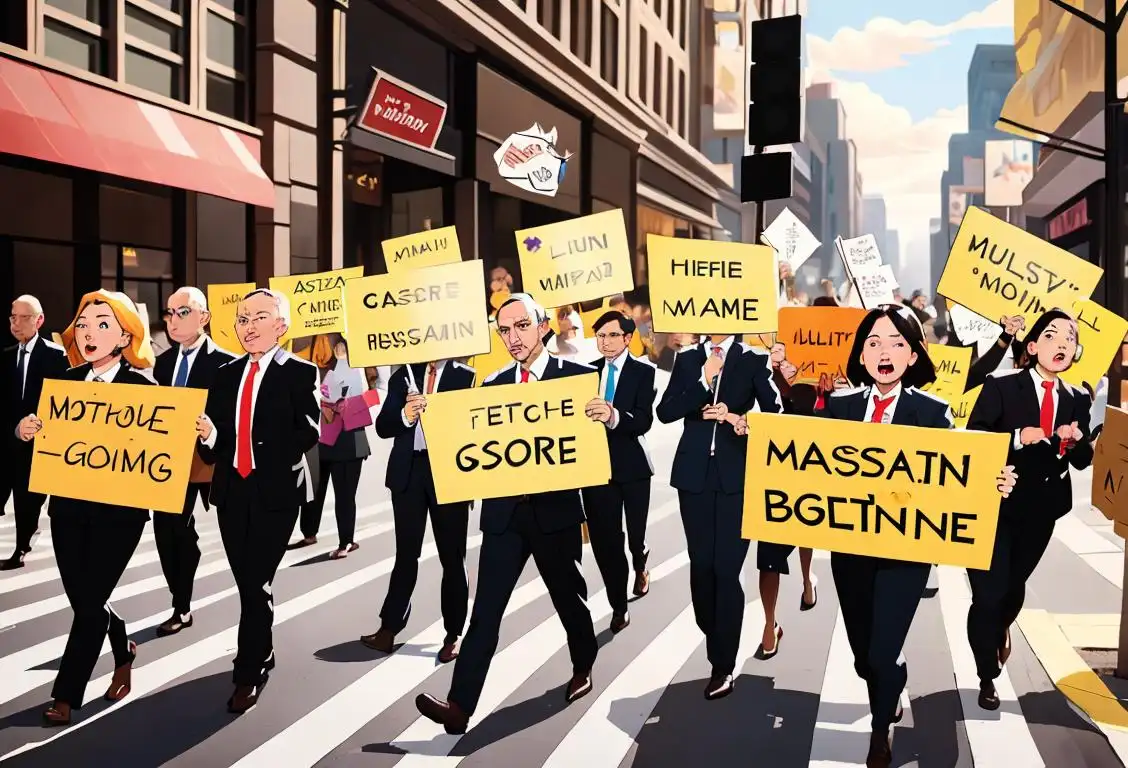 A diverse group of passionate individuals, dressed in business casual attire, holding signs and marching through a bustling city street..