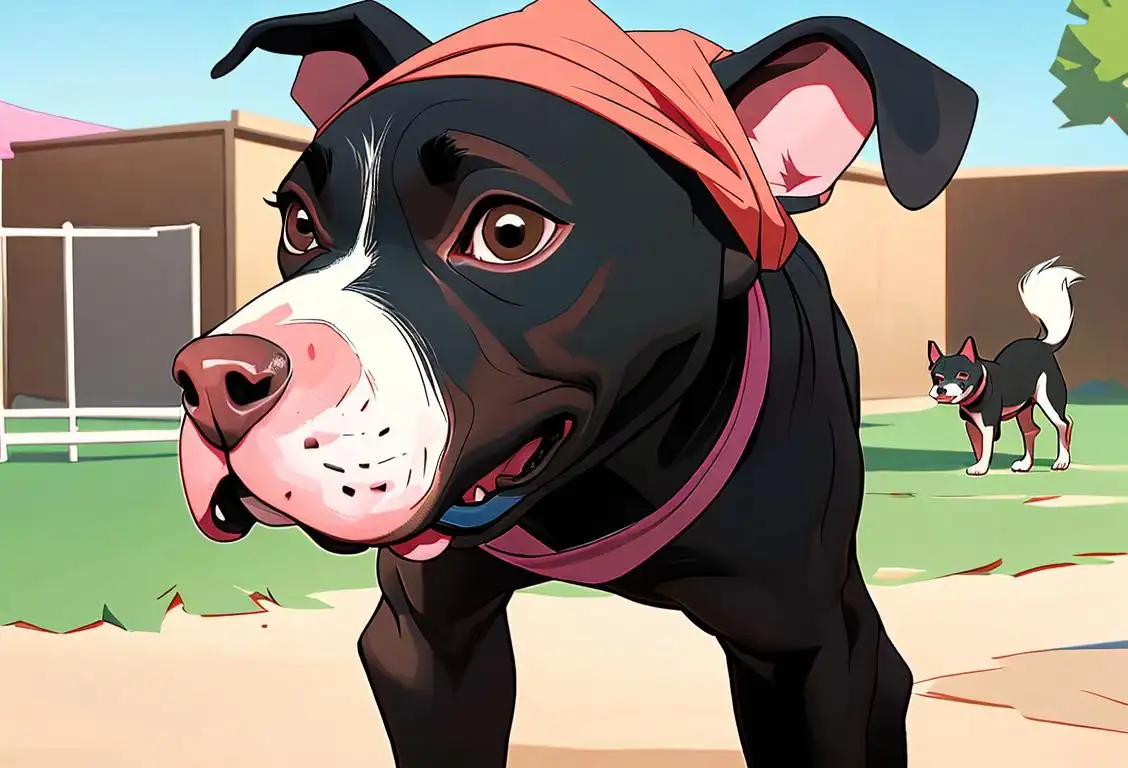 Gentle pitbull with a wagging tail, wearing a cute bandana, surrounded by diverse group of people in a dog park..