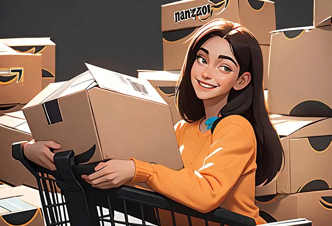 Young woman with a smile, wearing comfortable loungewear, surrounded by packages and online shopping carts..