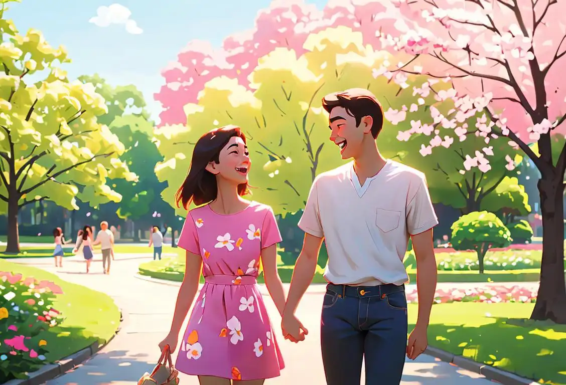 A happy couple holding hands while strolling in a park, surrounded by blooming flowers and sharing laughter, dressed in casual summer outfits.