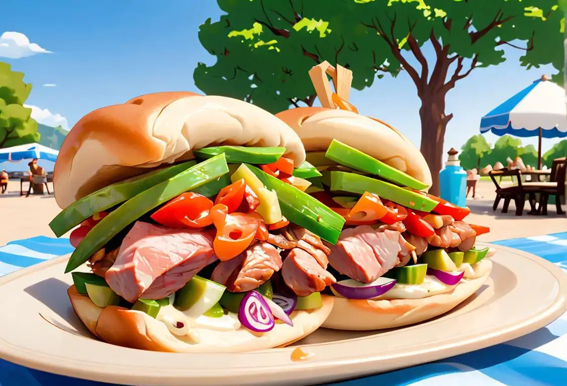 A person holding a delicious gyro sandwich with tender meat, fresh vegetables, and creamy tzatziki sauce, enjoying a sunny outdoor picnic..