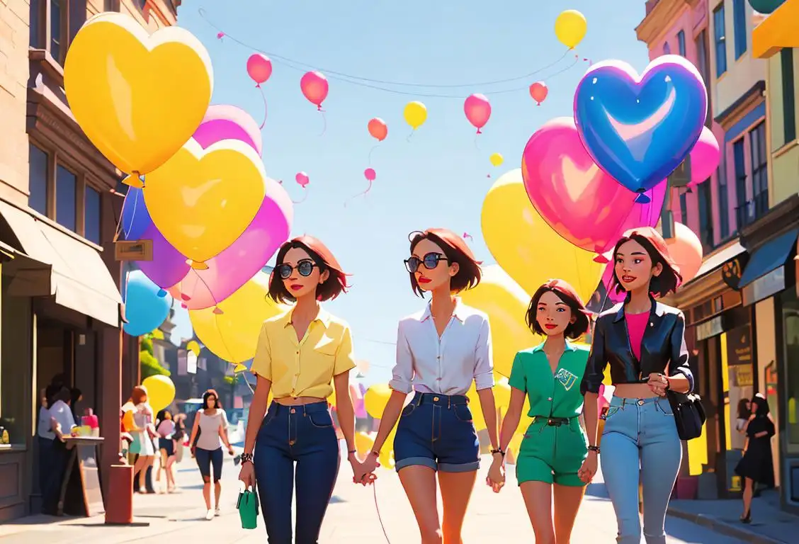 A group of diverse women in trendy outfits, walking arm in arm on a sunny city street, surrounded by colorful balloons..