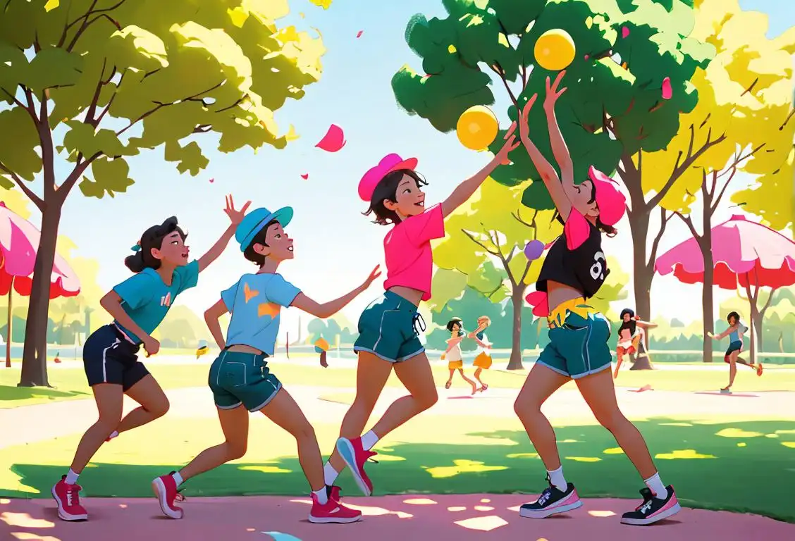 A group of friends playfully throwing colorful, knee-length shorts in a park, wearing trendy sneakers and hats, surrounded by a vibrant summer setting..