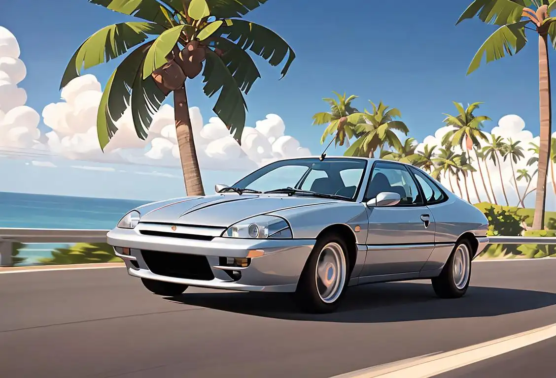 A sleek silver Proton car zooming down a scenic road with palm trees and a clear blue sky, driven by a stylish, smiling young woman in sunglasses and a sundress..