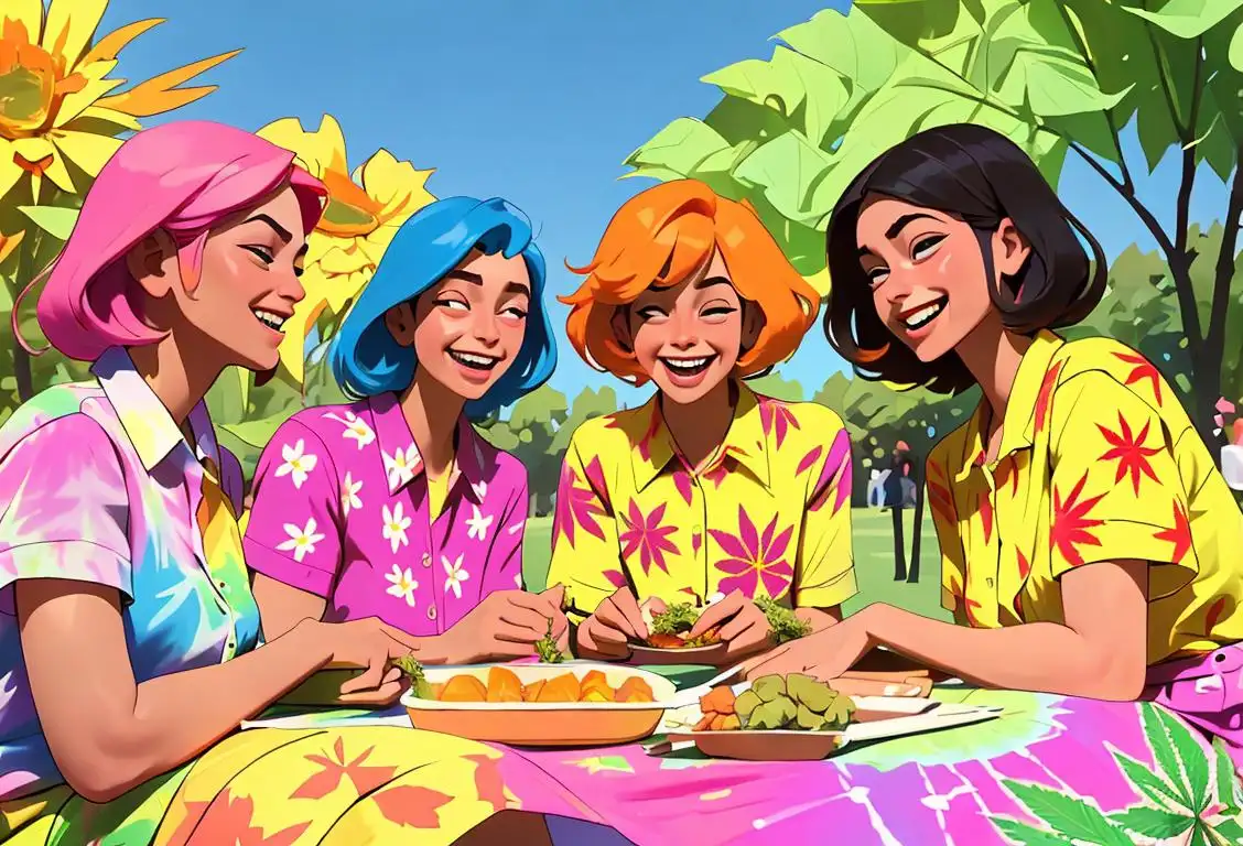 Group of friends laughing and enjoying a picnic in a sunny park, wearing tie-dye shirts, 60s flower power fashion, surrounded by colorful cannabis leaf decorations..