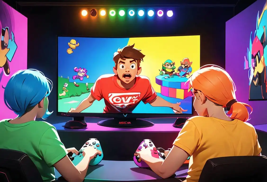 Group of friends playing a video game on a big screen, wearing colorful gaming t-shirts, vibrant gaming setup..