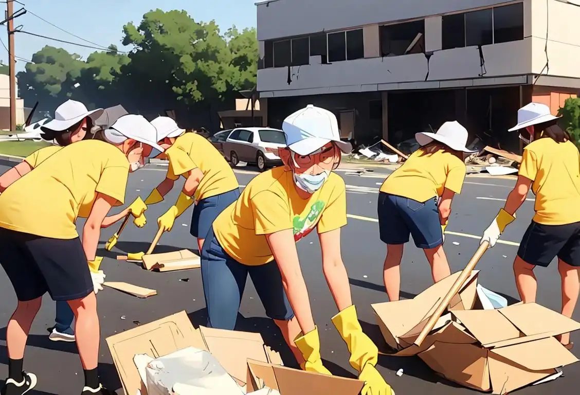 A group of people coming together to clean up after a disaster, wearing matching t-shirts, community spirit and determination evident on their faces..