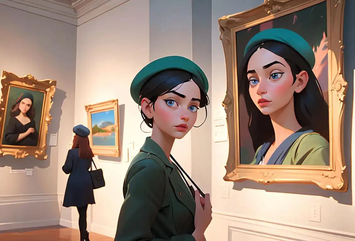 Young girl admiring a masterpiece in an art gallery, wearing a beret, bohemian fashion, serene gallery setting.