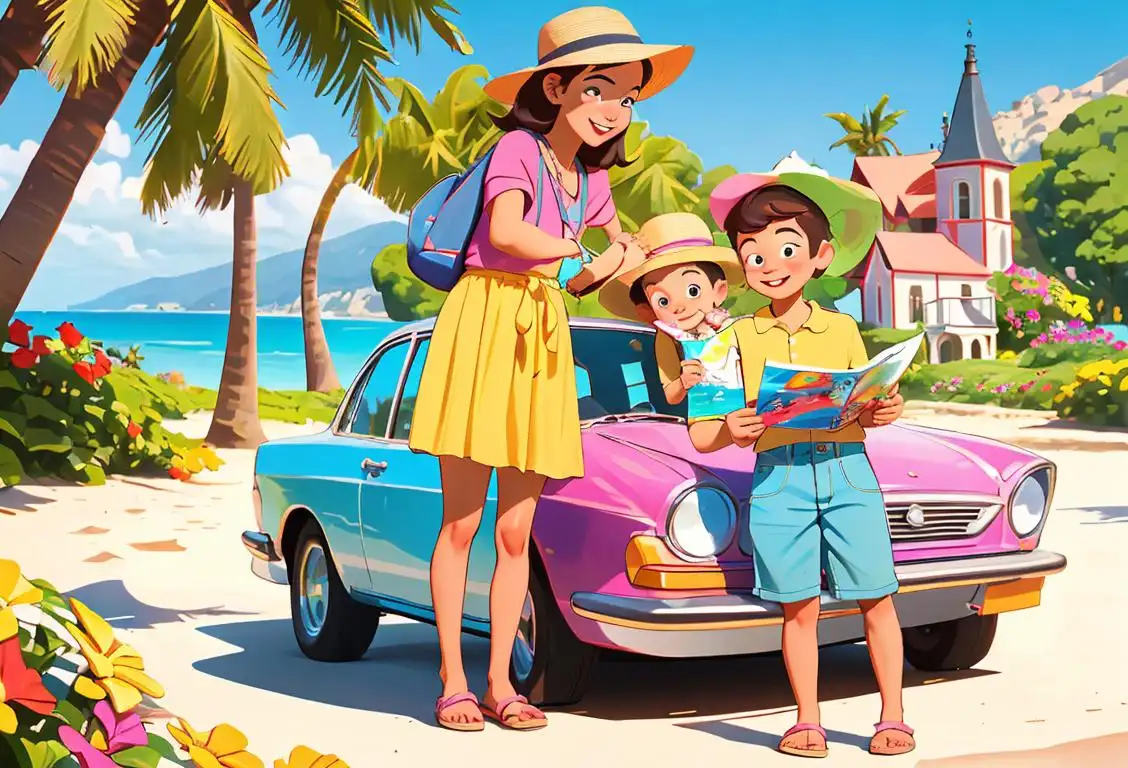 Cheerful family at a scenic destination, dressed in summer outfits, capturing their vacation memories with cameras, surrounded by colorful travel brochures and maps..