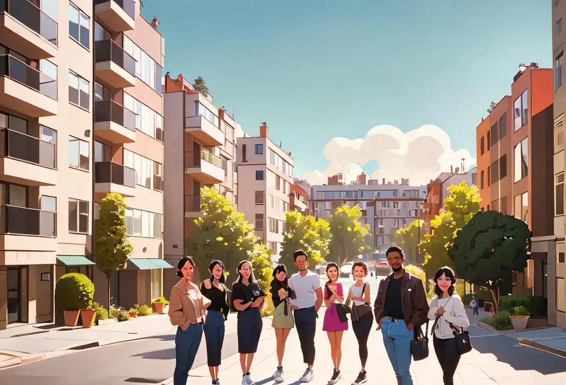 A diverse group of smiling individuals standing in front of a modern apartment building, representing the joy of living in apartments. Some individuals wearing trendy clothing, urban cityscape background..