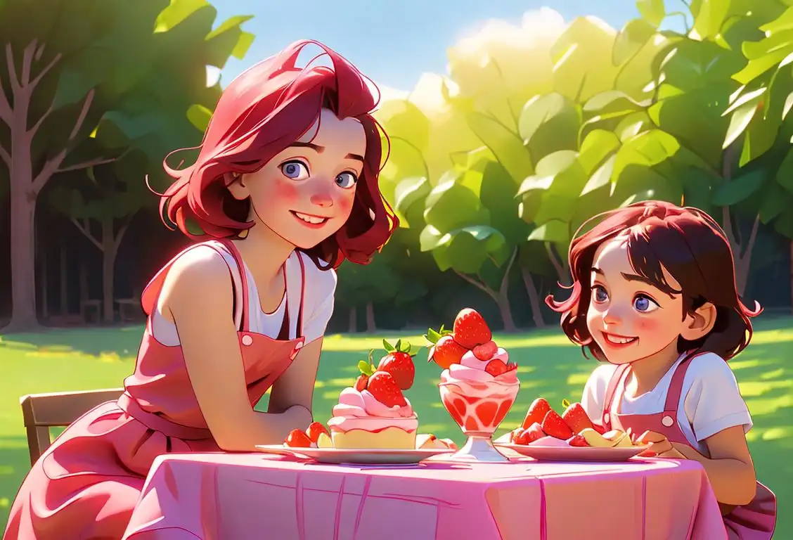 Two smiling children delightfully enjoying strawberry parfaits, wearing cute aprons, sunny outdoor picnic setting..