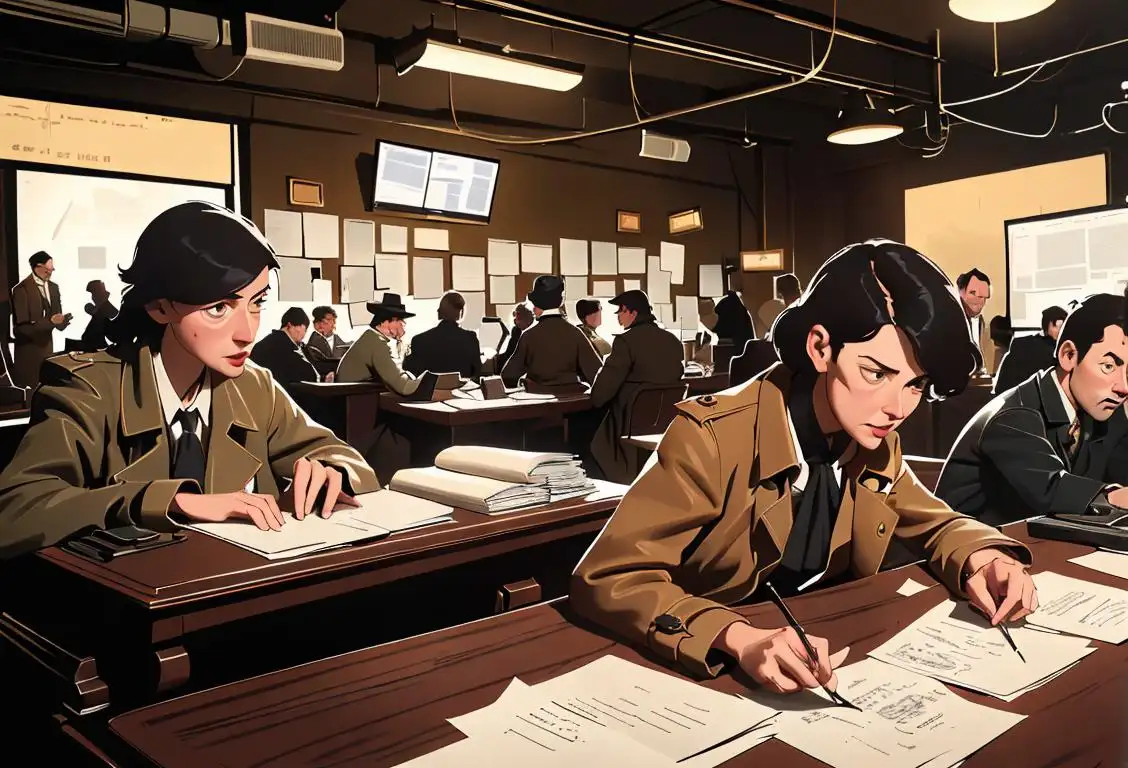 A group of journalists in a bustling newsroom, typing on vintage typewriters, wearing classic trench coats, mustering important stories on National Press Club Day..