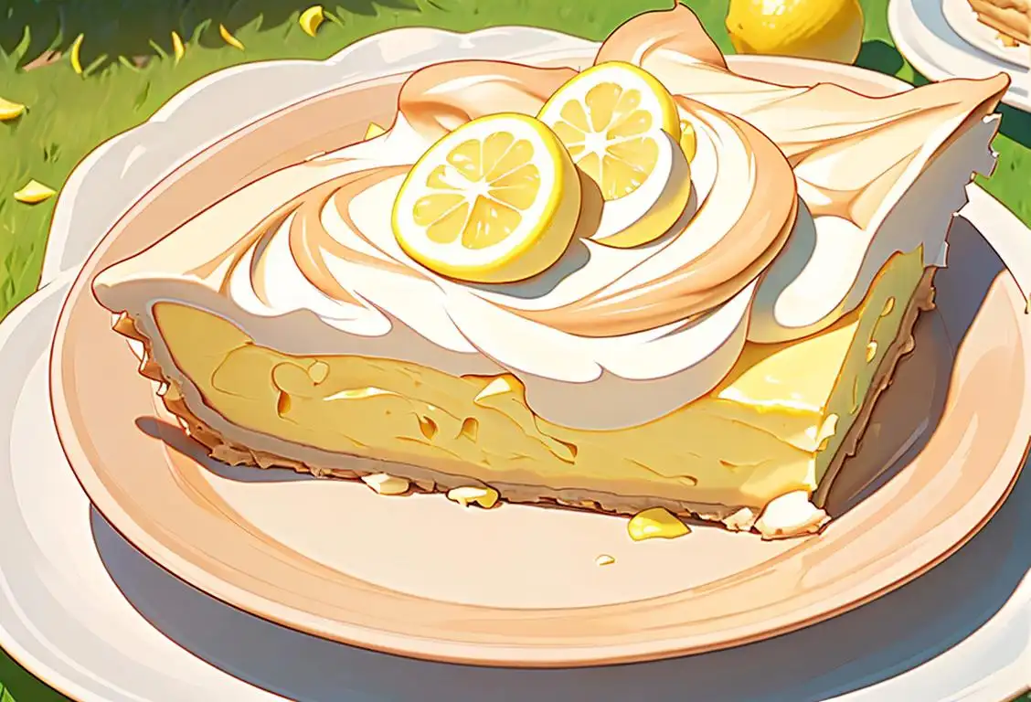Slice of lemon meringue pie on a plate with a sunny summer picnic scene in the background..