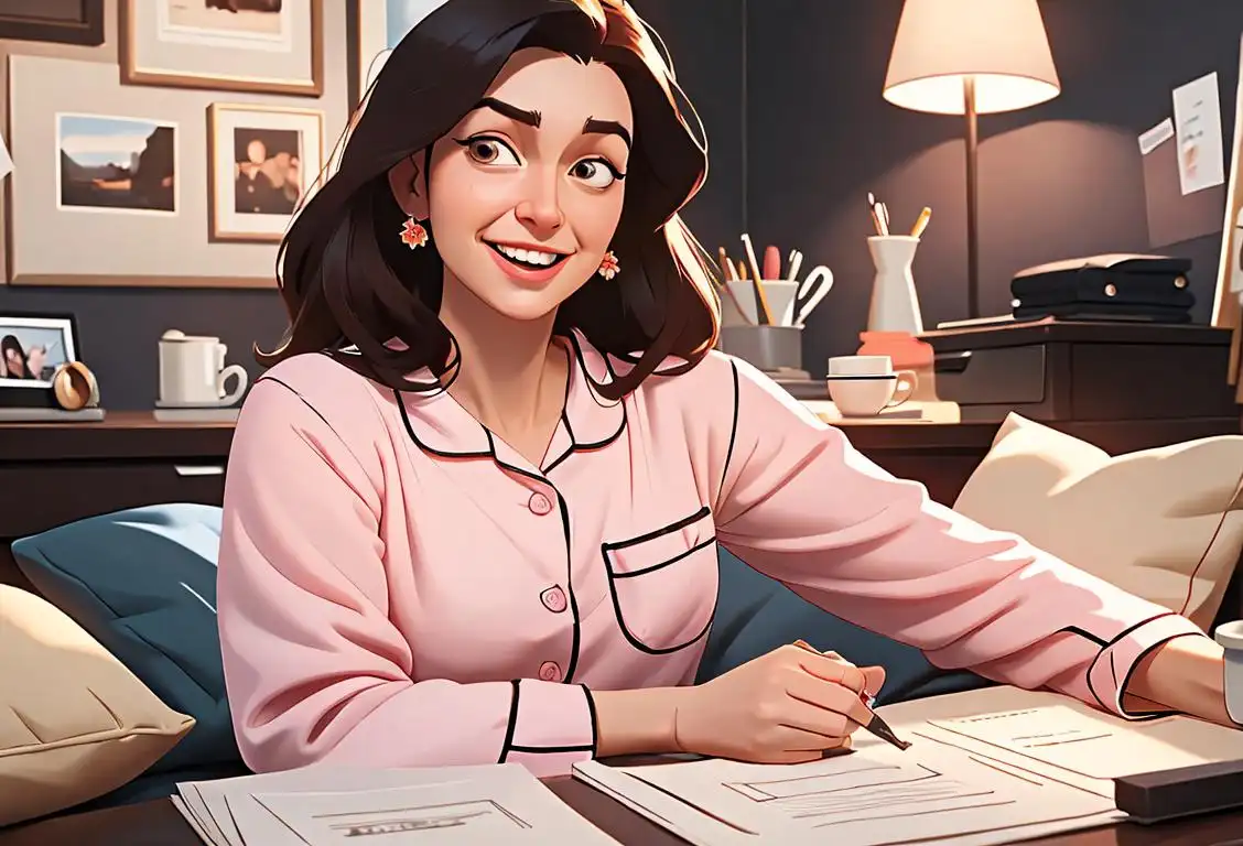 A joyful professional at their work desk, wearing cozy pajamas, surrounded by pillows and a mug of coffee..