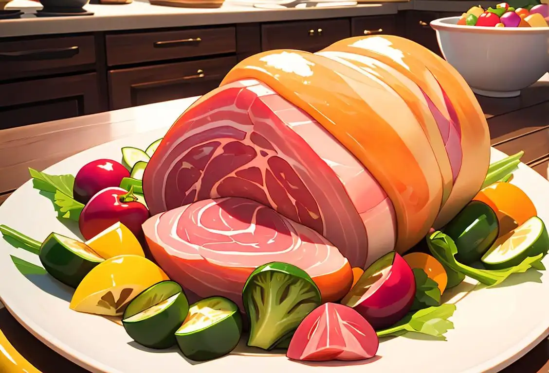 Delighted family gathering around a mouth-watering ham, beautifully glazed and surrounded by colorful vegetables, in a cozy farmhouse kitchen..