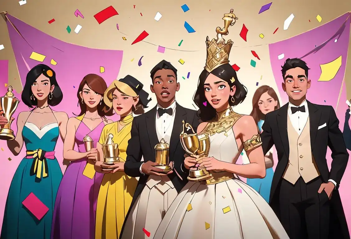 A group of diverse individuals holding trophies, with celebratory confetti in the background. Stylishly dressed, showcasing their unique personal fashion choices, and representing various scenes and backgrounds..
