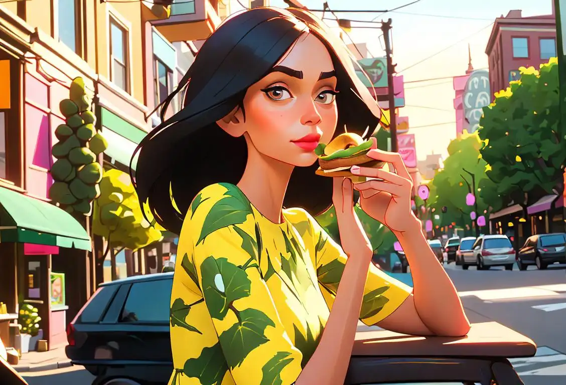 Young woman enjoying a slice of avocado toast at a trendy cafe, wearing a bohemian floral dress, vibrant city street backdrop..
