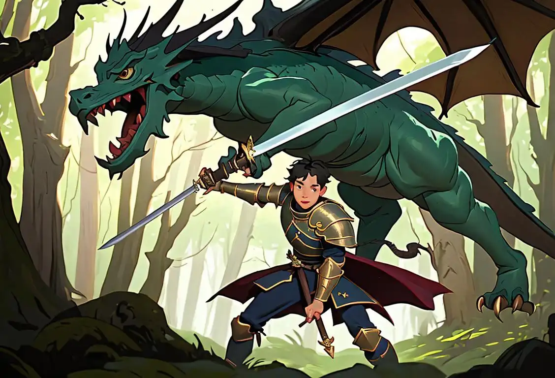 A young boy wearing a knight's armor, wielding a wooden sword, exploring a mystical forest with a friendly dragon..