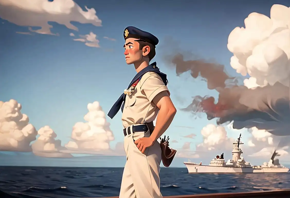 A brave sailor in navy uniform standing on the deck of a battleship, looking out at the calm ocean waters with determination and patriotism..