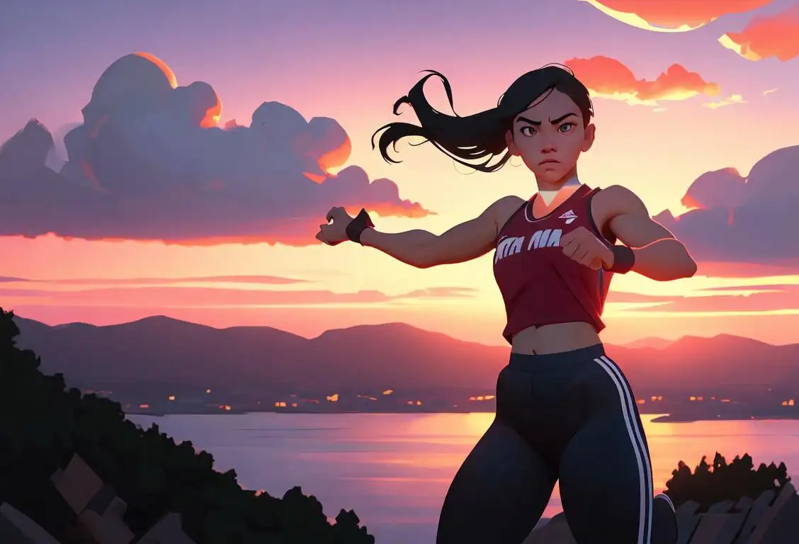 Fearless individual in an inspirational pose, wearing athletic attire, against a scenic backdrop with a breathtaking sunset..