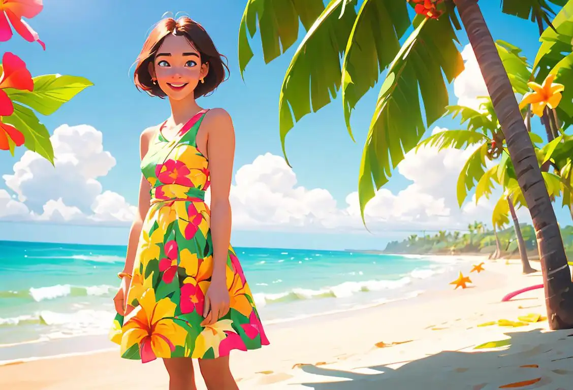 Young woman with a joyful expression, wearing a colorful sundress, beach setting, surrounded by tropical fruits and flowers..