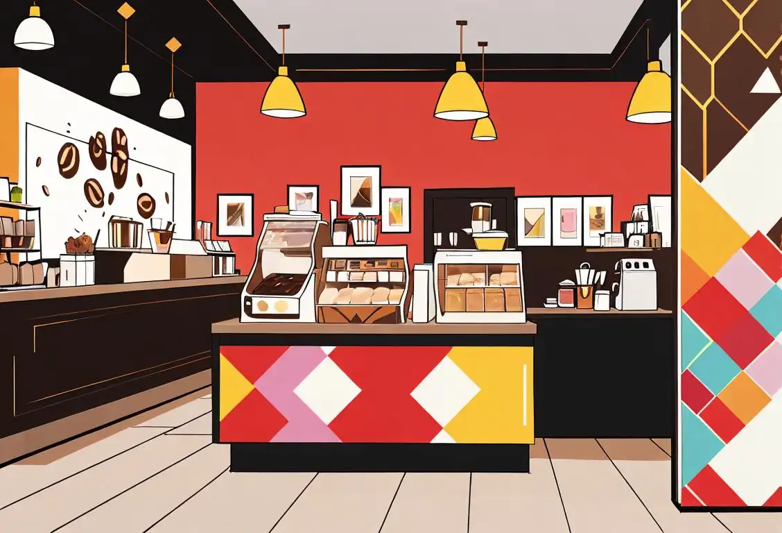 An artistically designed package, showcasing vibrant colors and playful patterns, in a modern coffee shop setting.