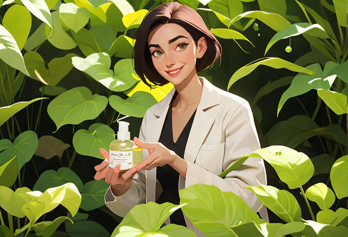 A smiling aesthetician wearing a white lab coat, holding skincare products, and surrounded by lush green plants..