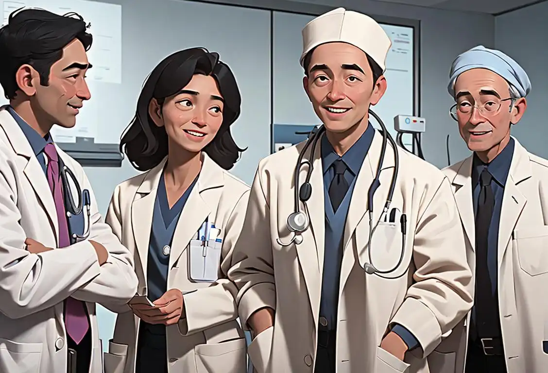 A group of smiling doctors in white coats, stethoscopes draped around their necks, discussing patient care with a diverse group of patients in a modern hospital setting..