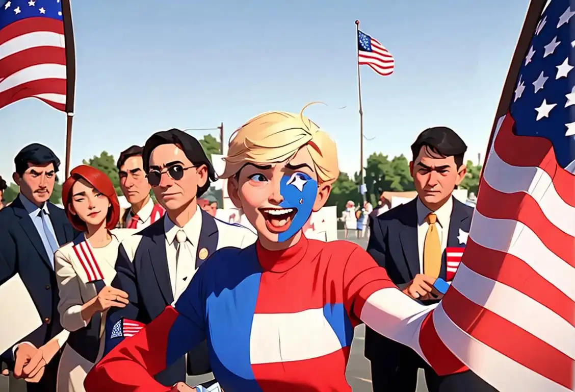 A diverse group of people wearing patriotic attire gathering at a polling station to cast their votes, displaying excitement and unity, surrounded by American flags..