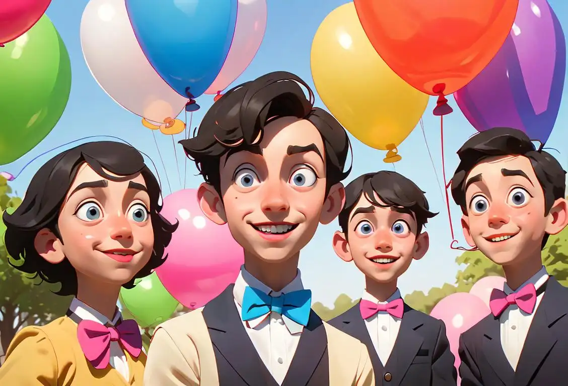 A group of smiling bilbils wearing colorful bowties, surrounded by balloons, in a park setting with kids playing in the background..