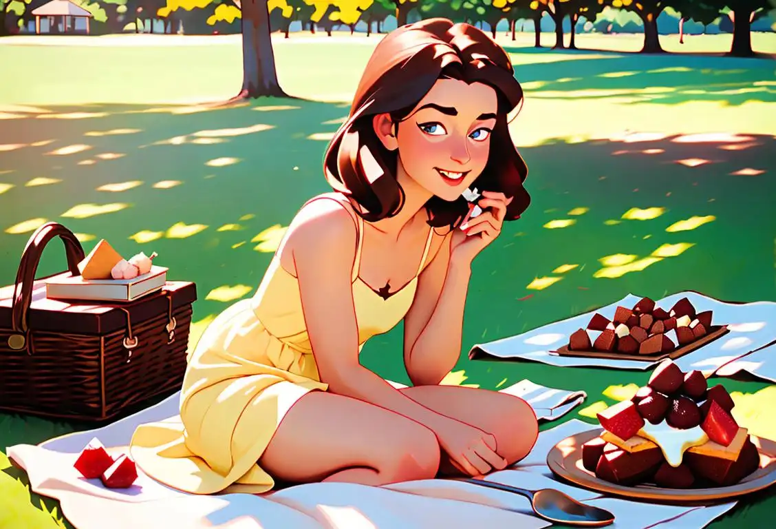Delighted girl takes a bite of a scrumptious lamington, wearing a sundress, vintage style, picnic setting with friends..