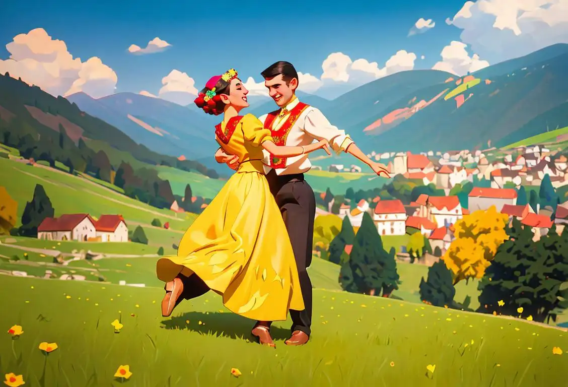 Young couple in traditional Romanian attire, dancing joyfully in a picturesque Romanian village, surrounded by vibrant colors and beautiful Transylvanian landscapes..