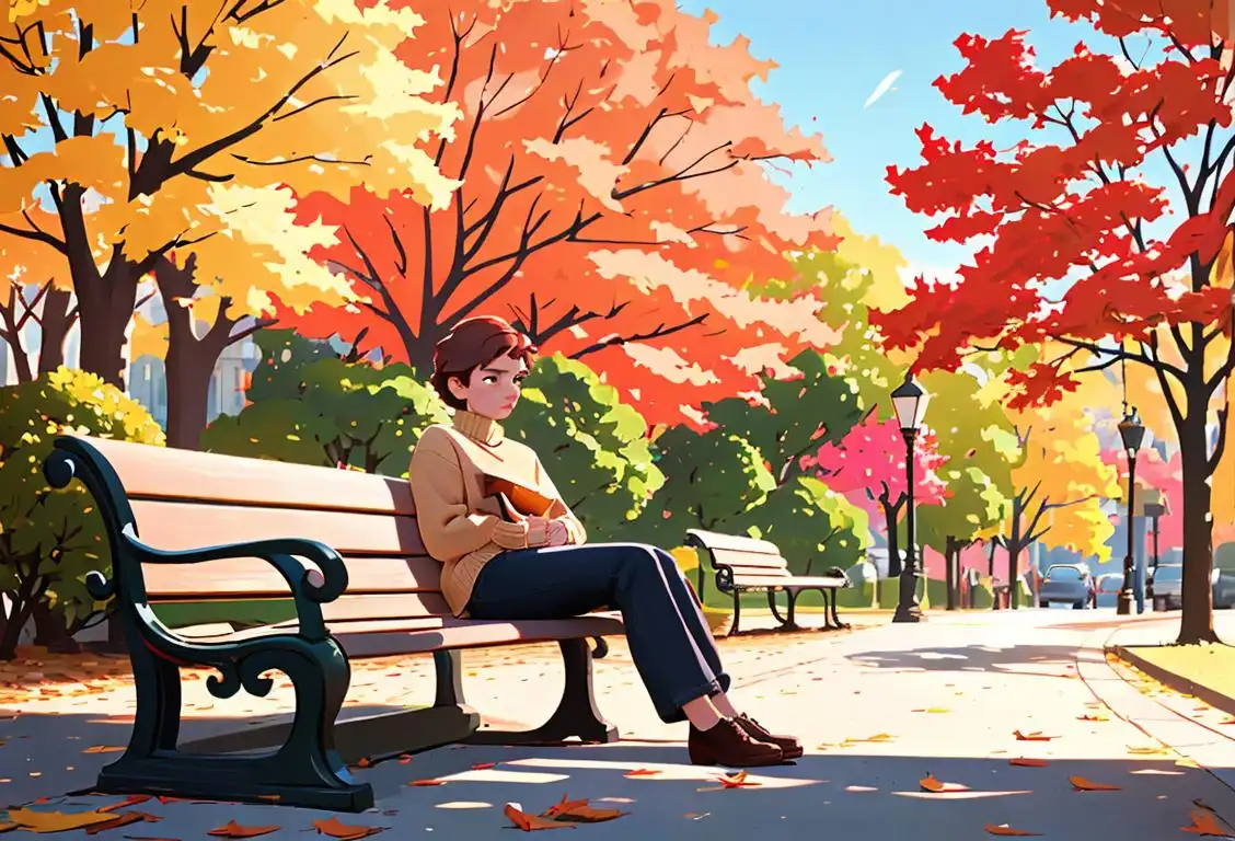 A thoughtful person sitting on a park bench, wearing a cozy sweater, surrounded by autumn leaves and pondering the mysteries of existence..