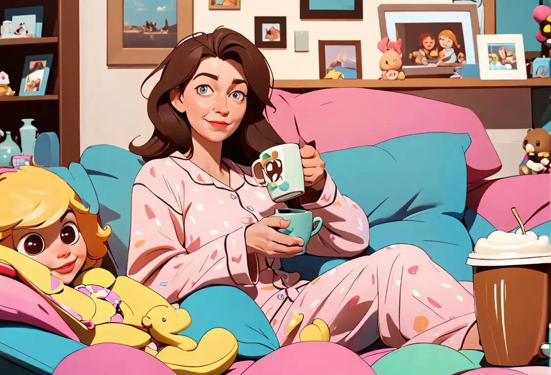 Happy mom lounging on a cozy couch, wearing pajamas, holding a mug of coffee, surrounded by toys and a messy living room..