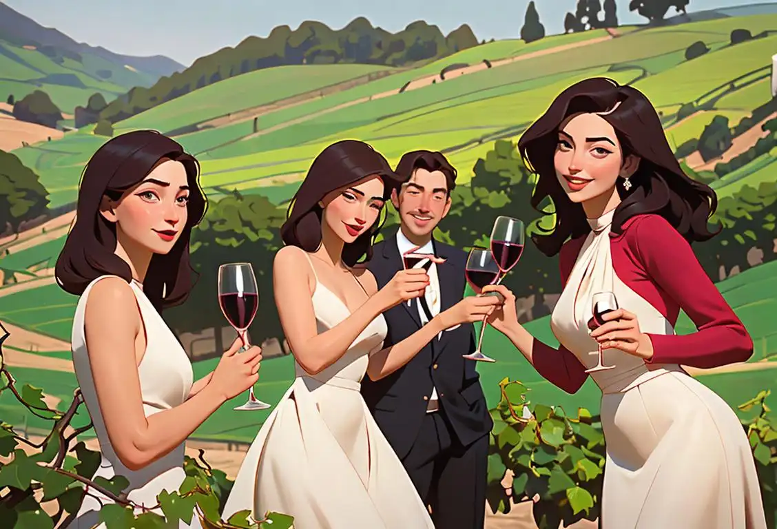A jubilant group of friends clinking wine glasses, surrounded by lush vineyards, dressed in elegant attire, embracing the beauty of National Drink Wine Day..