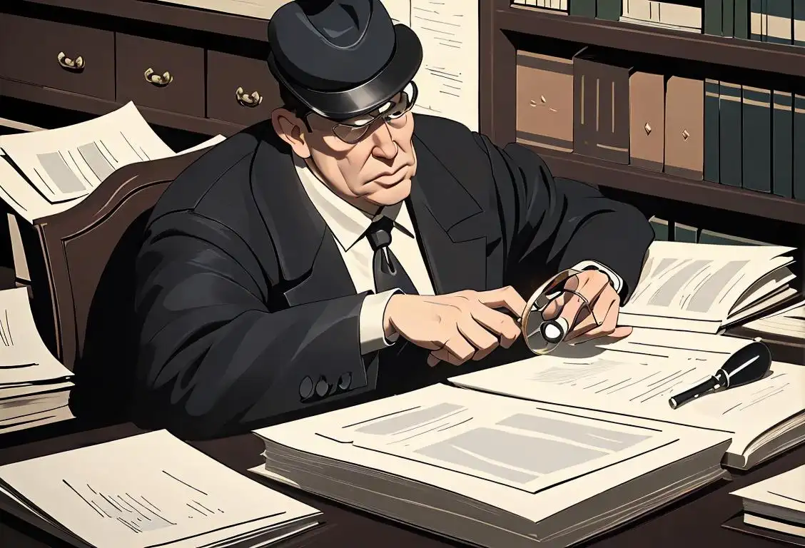 A person wearing a detective hat and holding a magnifying glass, surrounded by stacks of documents and a courthouse in the background..