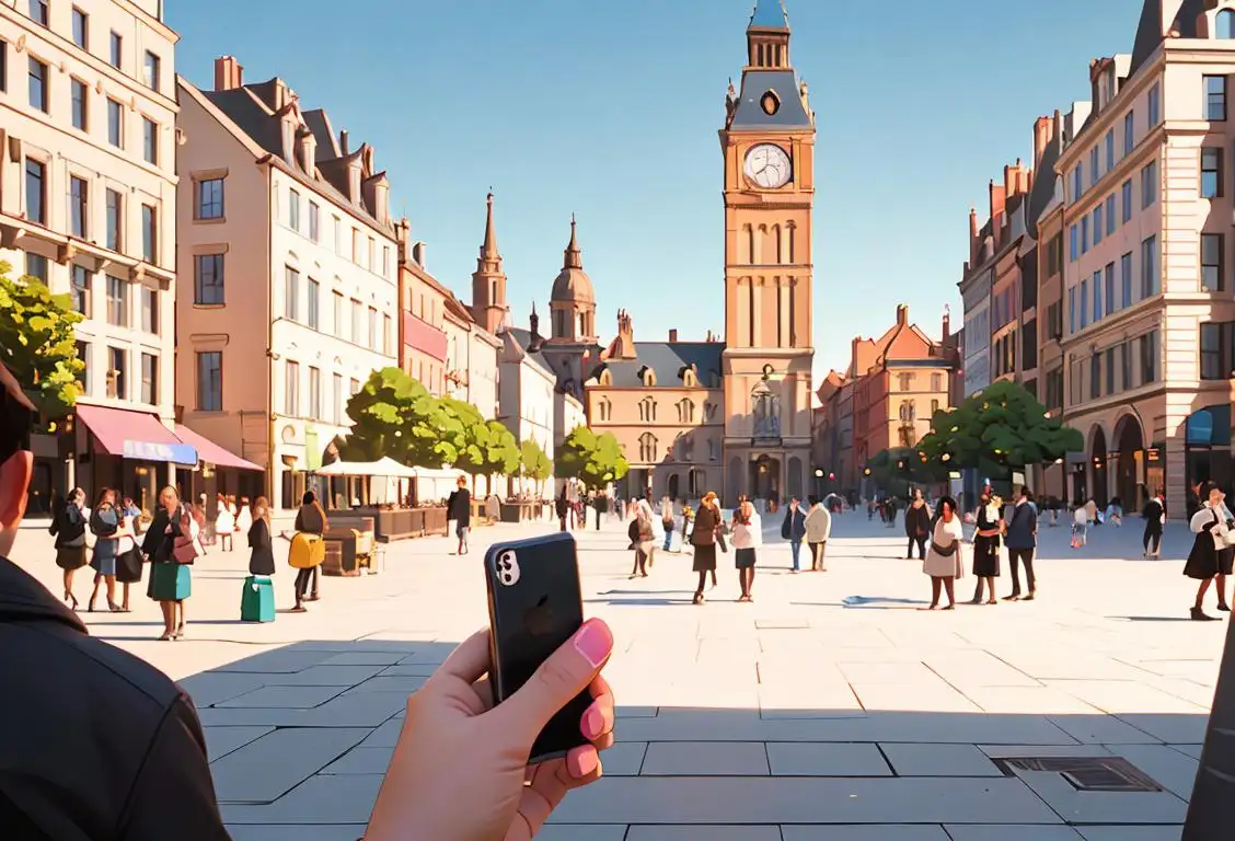 A diverse group of people holding iPhones, showcasing various colorful phone cases, in a bustling city square with landmarks in the background..