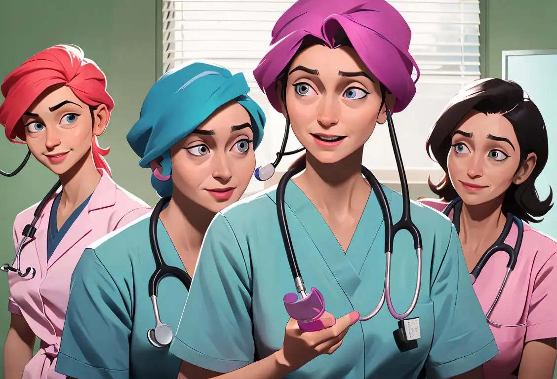 Happy doctors and nurses in colorful scrubs, wearing stethoscopes, in a modern and busy hospital setting..