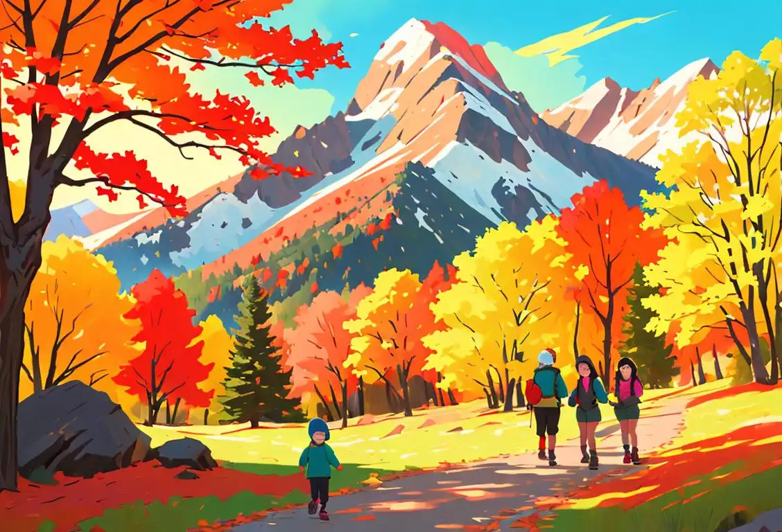 Family hiking in a national park, wearing colorful outdoor gear, surrounded by majestic mountains and vibrant autumn foliage..