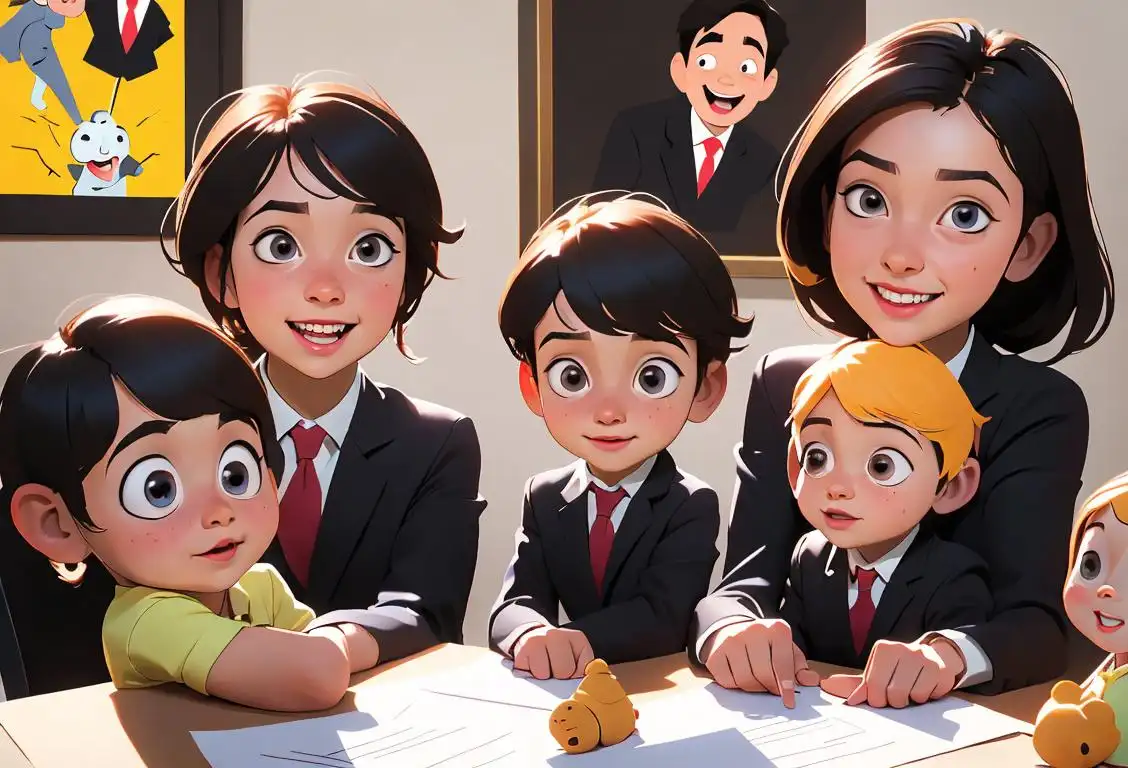 A group of smiling children, wearing mini versions of professional attire, exploring various work settings with their parents.