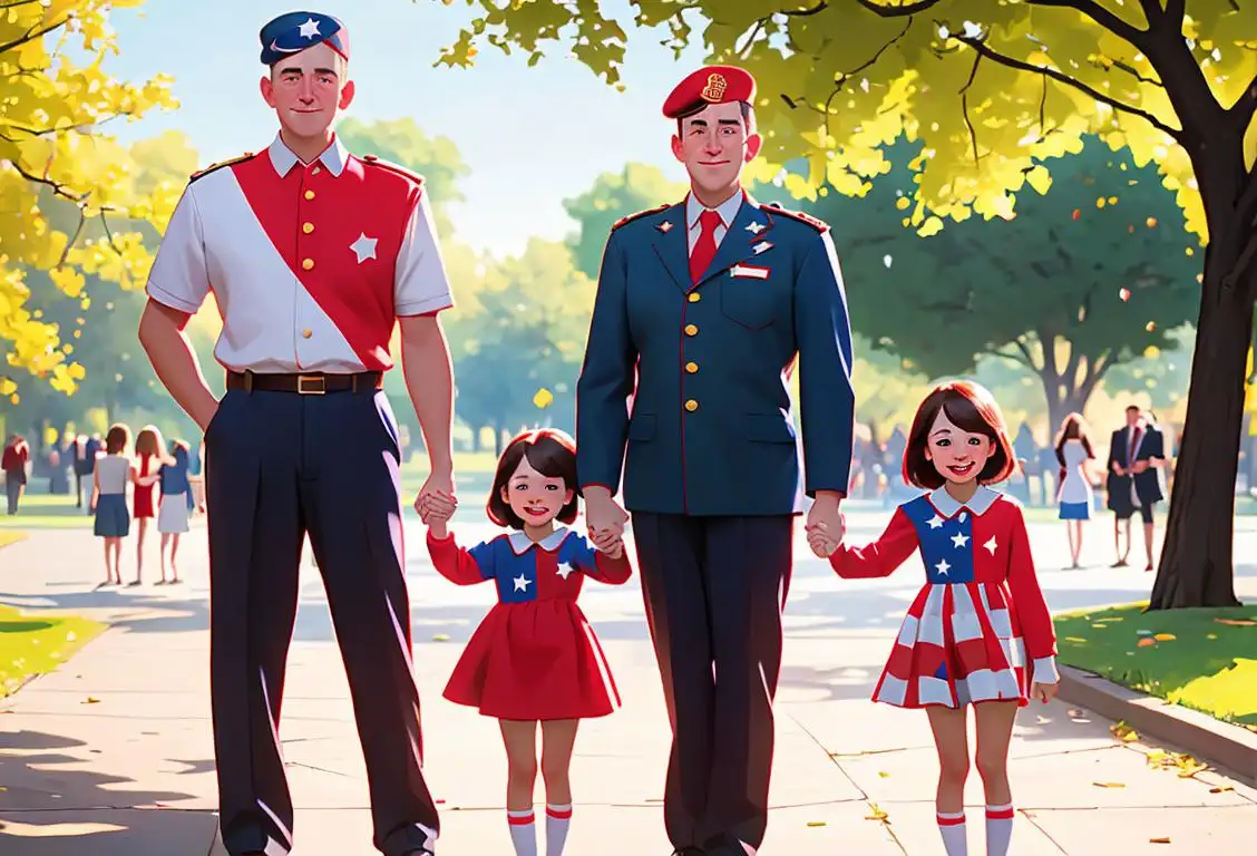Cheerful family holding hands, dressed in matching patriotic outfits, standing in a park full of American flags..