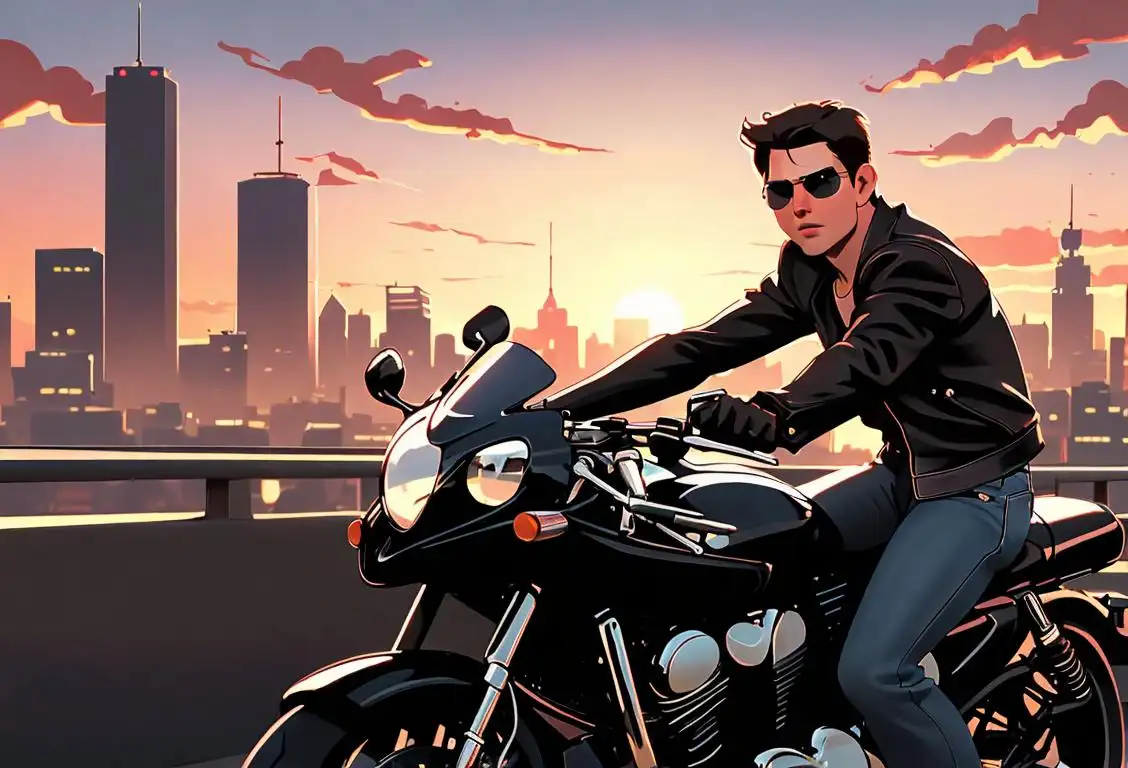 Tom Cruise look-alike in aviator sunglasses, leather jacket, cruising on a motorcycle through a city skyline at sunset..